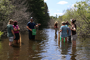 a group of people are listening to a man talk while he is holding a green five-gallon bucket. Everyone is standing in a small river with water that comes over their knees.
