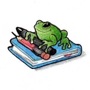an artist's colored ink sketch of a frog sitting on top of a book holding a pen and pencil