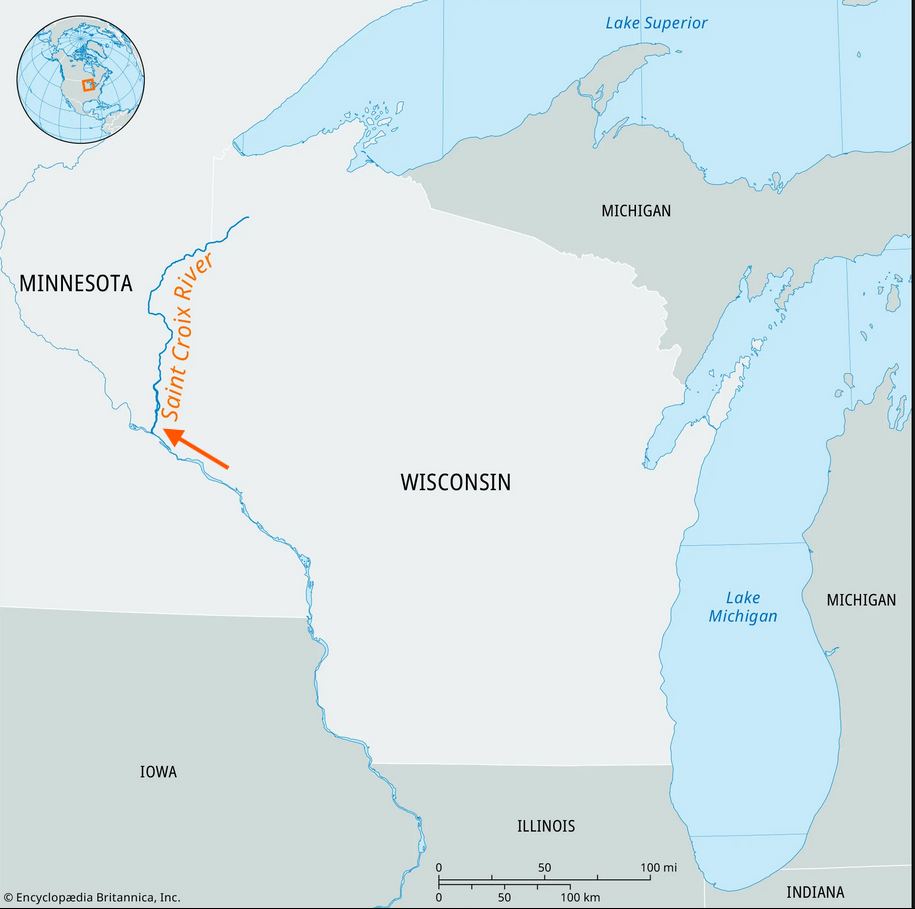A map of Wisconsin with the St. Croix River and an arrow pointing to the St. Croix River Valley area.