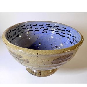 Stoneware Pollywog Pond Berry Bowl - blue waters with pollywogs on the inside with lily pads on the outside