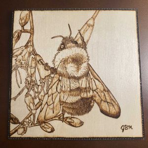 Image of a rusty patched bumble bee on Joe Pye weed flowers burned into a piece of wood
