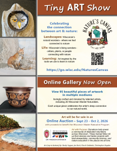 A poster advertising the TIny Art Online Gallery featuring examples of the art and a QR code with a link to learn more.
